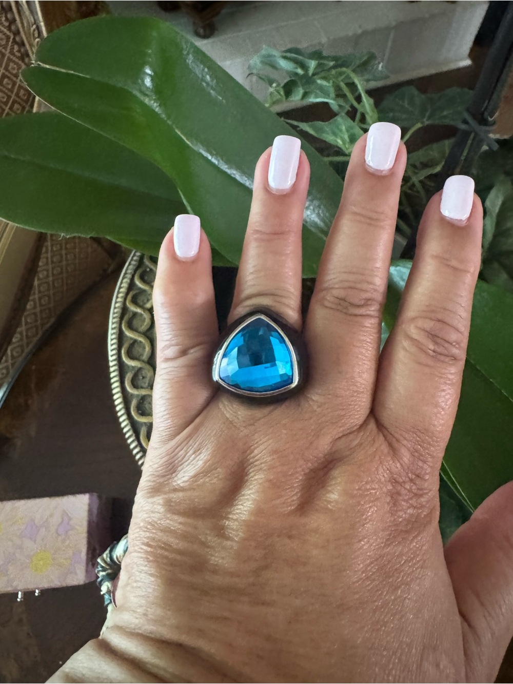 Ladies Blue Triangle Cocktail Ring with Faceted Stone